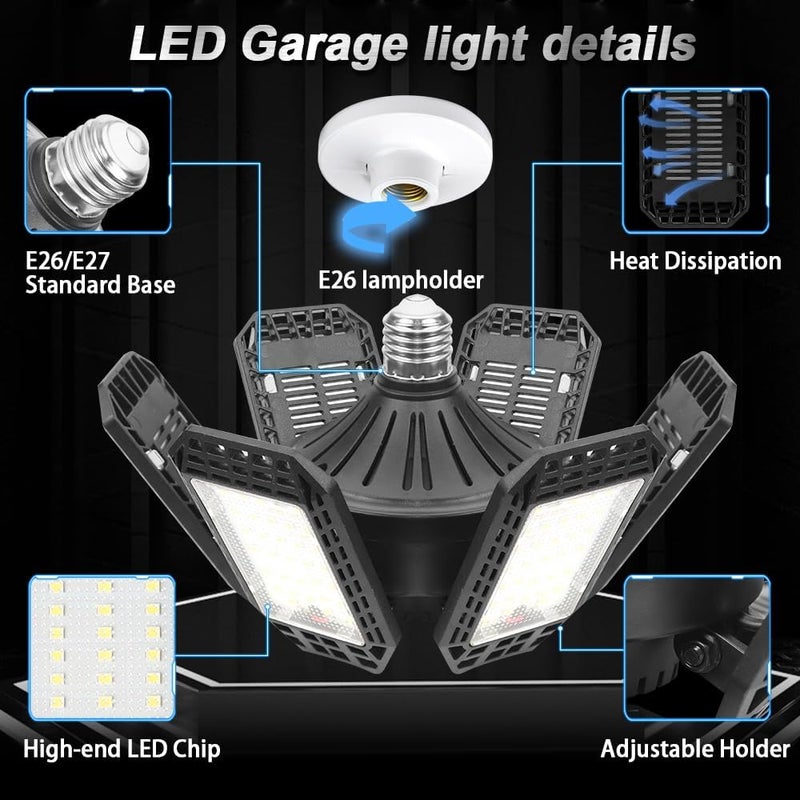 AUDLES 6 Pack LED Garage Light, 200W 20000LM 6500K LED Shop Lights, Garage Lights Ceiling Led with 6+1 Deformable Panels, Screw in E26/E27 Socket Bulb for Warehouse, Workshop, Basement, Barn Lighting - Image 2